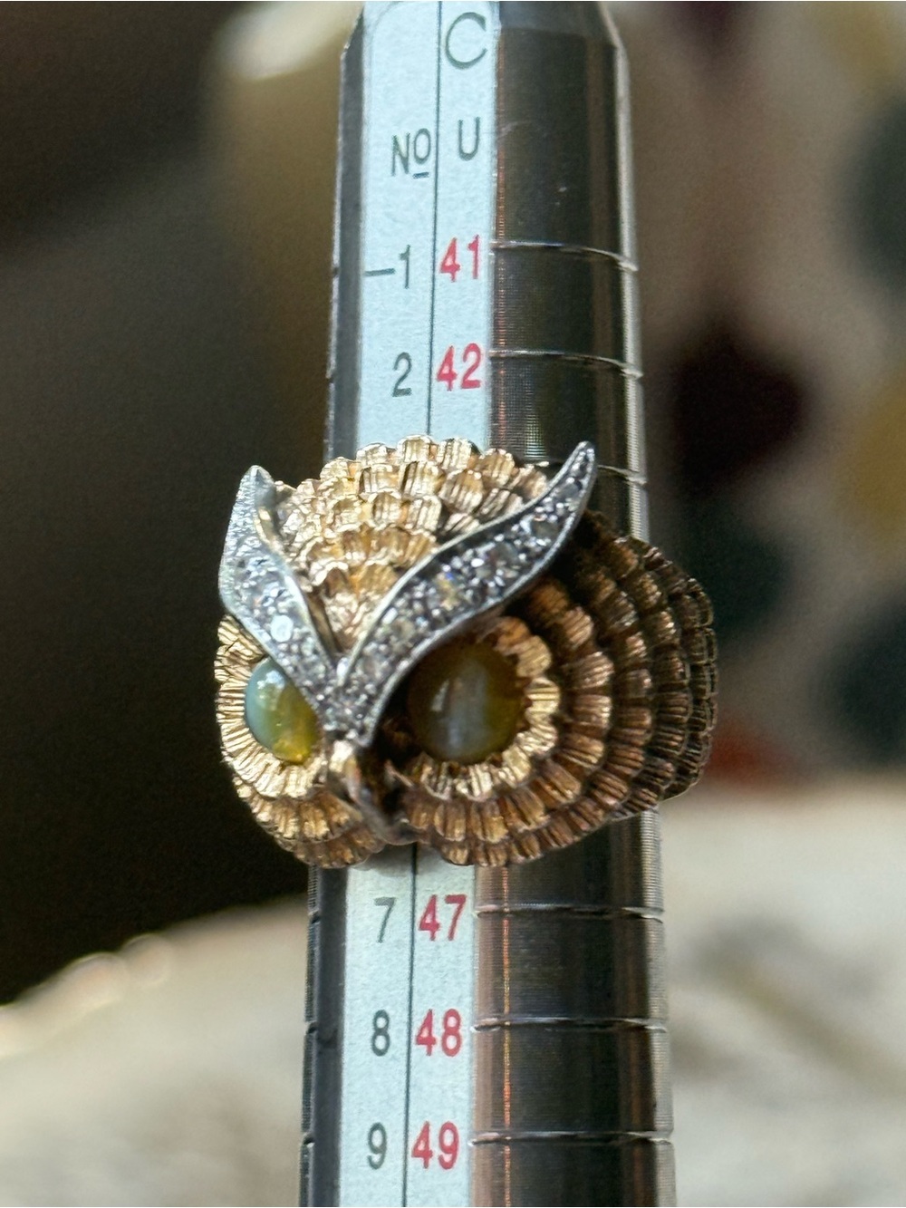 Vintage Cocktail 14K Gold Owl Ring with Diamonds + Cat Eye Opal Eyes